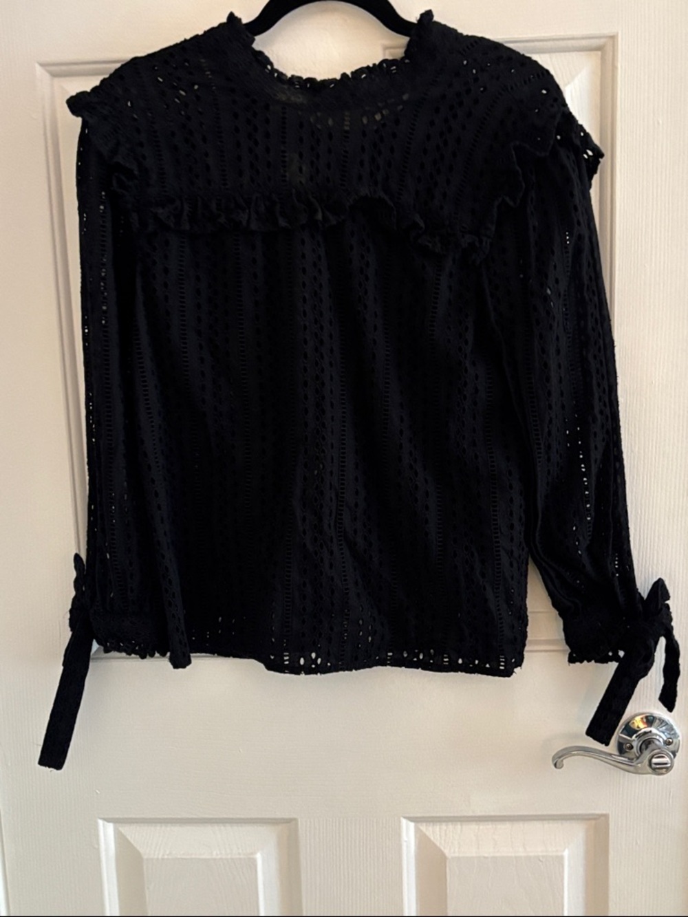 Madewell Black Eyelet Ruffle-Trim Long Sleeve Blouse
